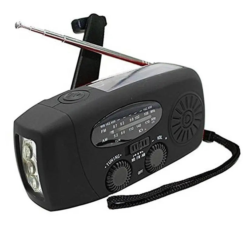 Solar Hand Crank Radio: FM/AM/WB, 2000mAh, LED, USB Charger